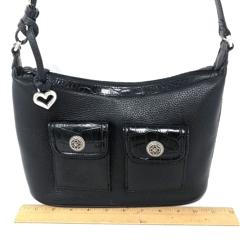 Brighton Pebbled Leather Hobo Shoulder Bag Black Y2k Croc Embossed Queen of Love